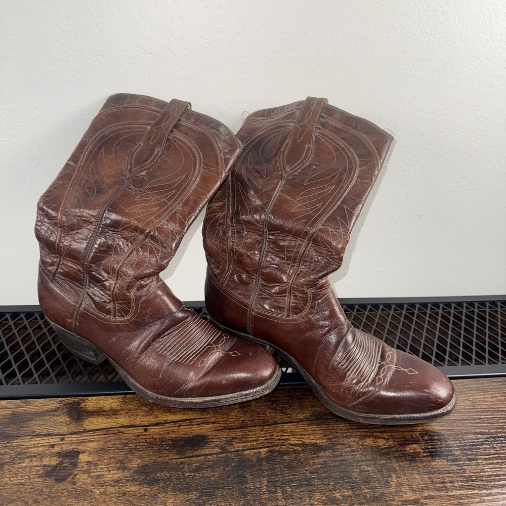 Vintage Dan Post Cowboy Boots Men's Size 8.5D Brown Leather Western Pull-On G683